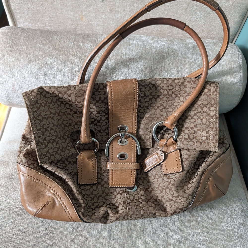 COACH Authentic Signature Flap Satchel Brown Monogram And Leather Like New - Picture 2 of 16